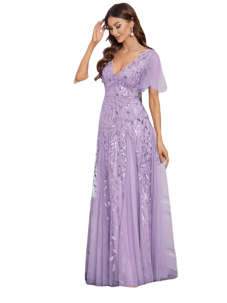 Vestido Elegante de Fiesta Largo Lila Violeta para Mujer con Lentejuela Sirena Cuello V Manga Corta T Ch a Talla Extra