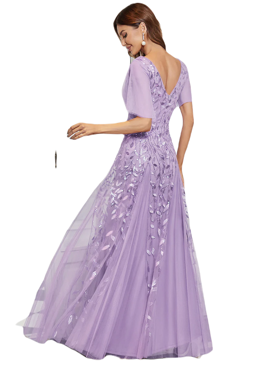 Vestido Elegante de Fiesta Largo Lila Violeta para Mujer con Lentejuela Sirena Cuello V Manga Corta T Ch a Talla Extra