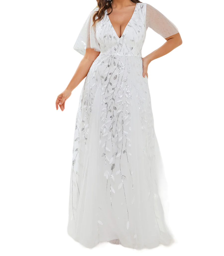 Vestido Elegante de Fiesta Largo Blanco Novia para Mujer con Lentejuela Sirena Cuello V Manga Corta T Ch a Talla Extra