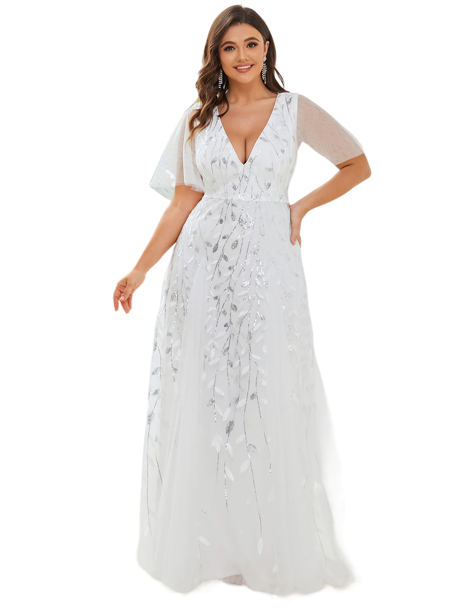 Vestido Elegante de Fiesta Largo Blanco Novia para Mujer con Lentejuela Sirena Cuello V Manga Corta T Ch a Talla Extra