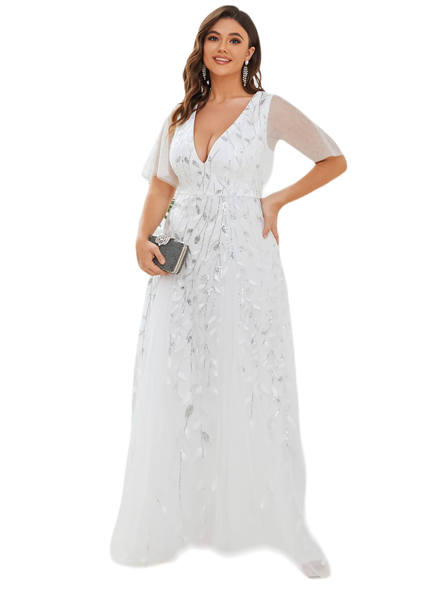 Vestido Elegante de Fiesta Largo Blanco Novia para Mujer con Lentejuela Sirena Cuello V Manga Corta T Ch a Talla Extra