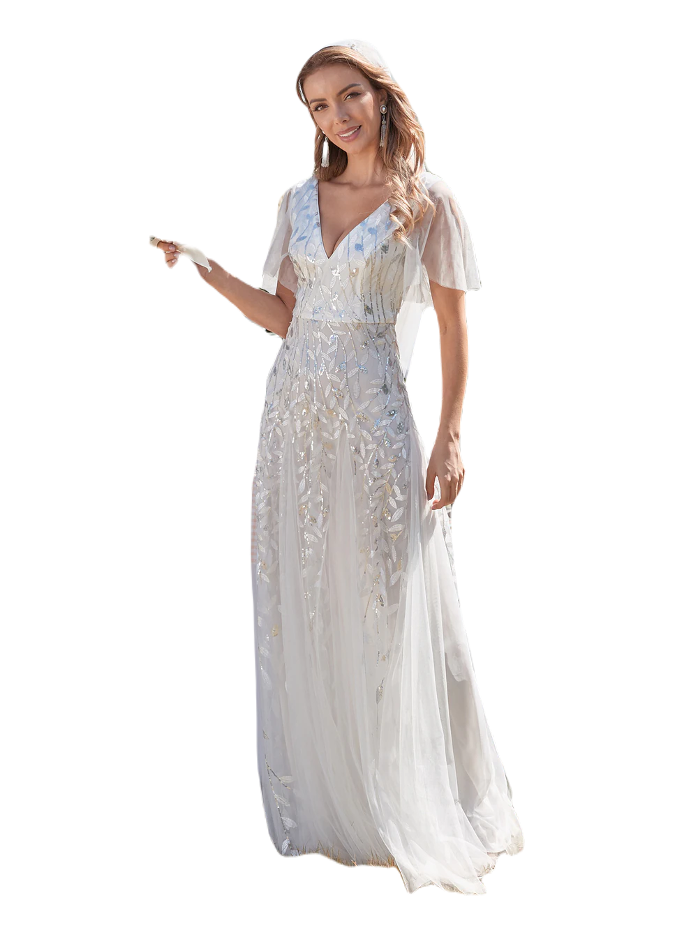 Vestido Elegante de Fiesta Largo Blanco Novia para Mujer con Lentejuela Sirena Cuello V Manga Corta T Ch a Talla Extra