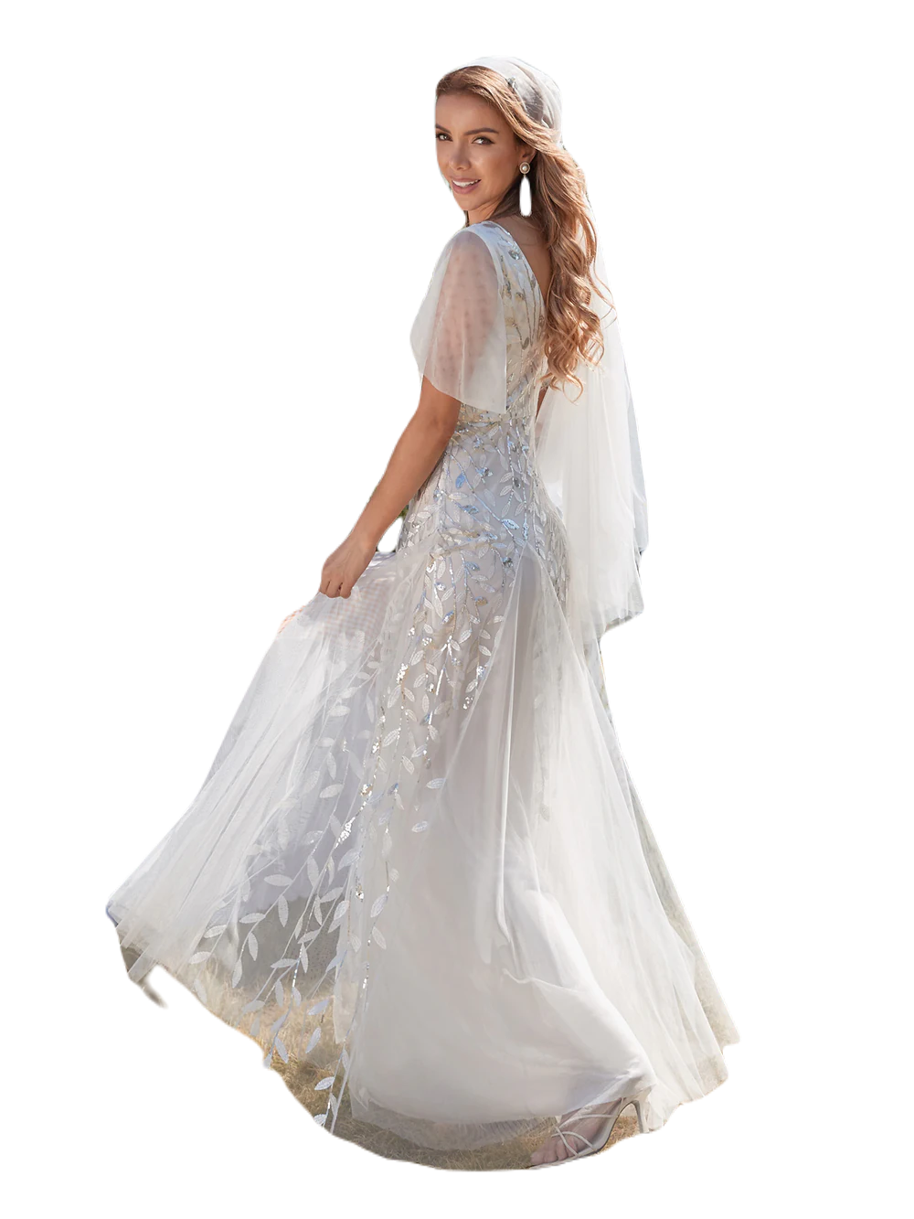 Vestido Elegante de Fiesta Largo Blanco Novia para Mujer con Lentejuela Sirena Cuello V Manga Corta T Ch a Talla Extra