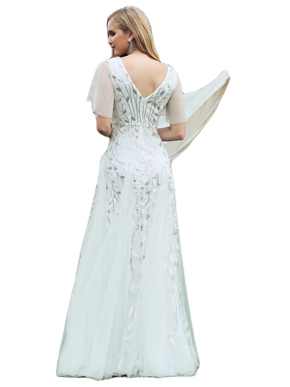 Vestido Elegante de Fiesta Largo Blanco Novia para Mujer con Lentejuela Sirena Cuello V Manga Corta T Ch a Talla Extra