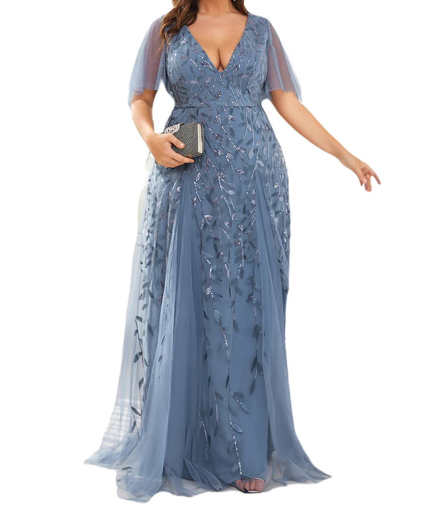 Vestido Elegante de Fiesta Largo Azul Acero para Mujer con Lentejuela Sirena Cuello V Manga Corta T Ch a Talla Extra