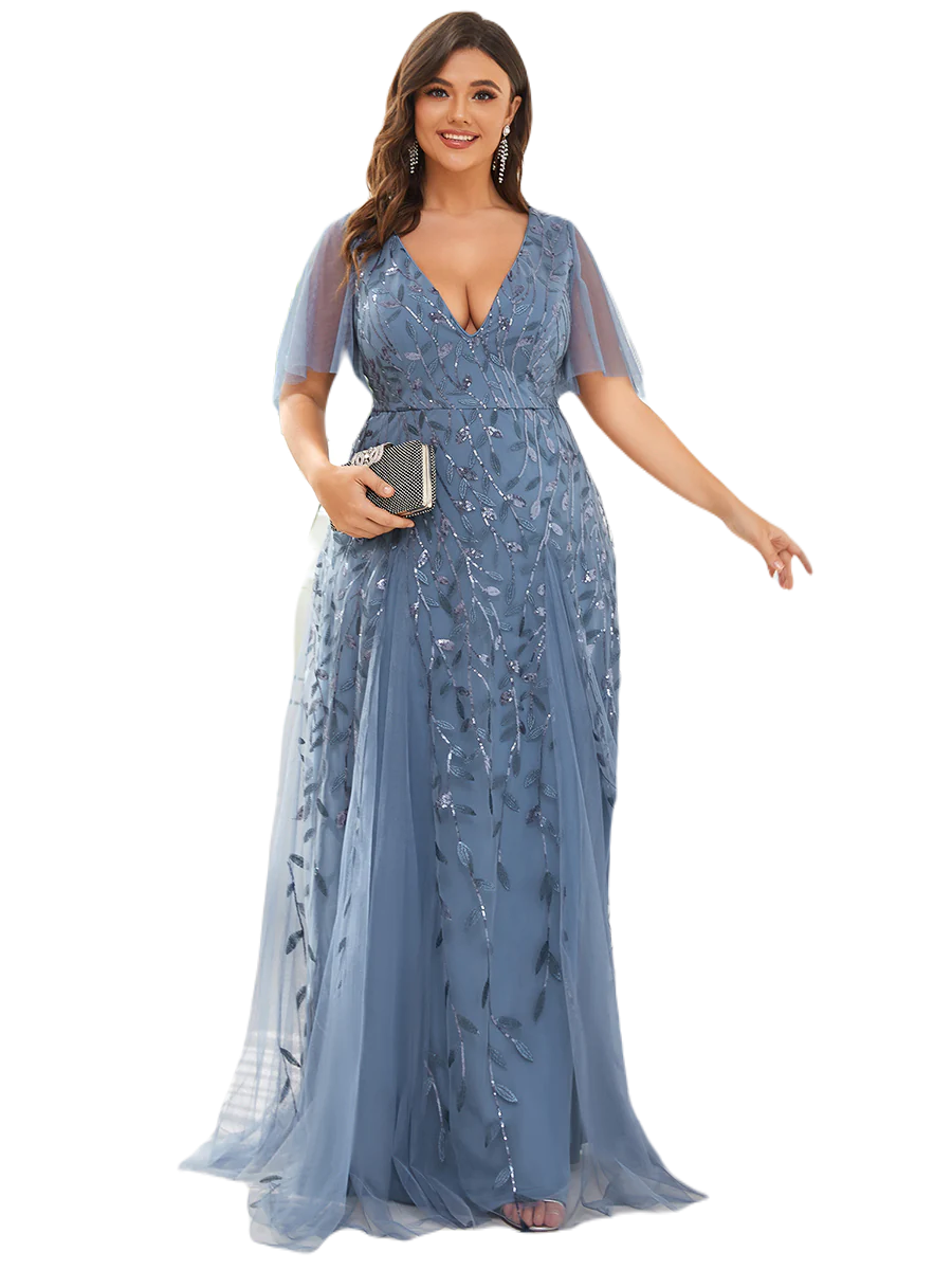 Vestido Elegante de Fiesta Largo Azul Acero para Mujer con Lentejuela Sirena Cuello V Manga Corta T Ch a Talla Extra