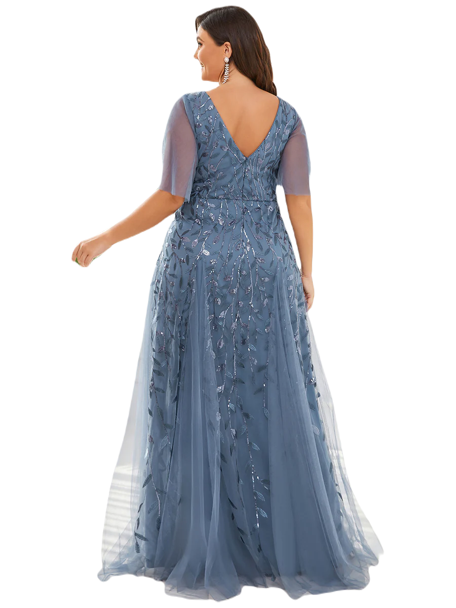 Vestido Elegante de Fiesta Largo Azul Acero para Mujer con Lentejuela Sirena Cuello V Manga Corta T Ch a Talla Extra