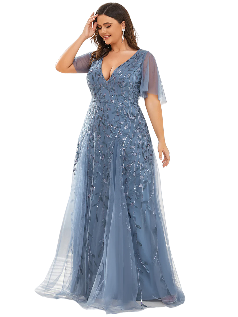 Vestido Elegante de Fiesta Largo Azul Acero para Mujer con Lentejuela Sirena Cuello V Manga Corta T Ch a Talla Extra