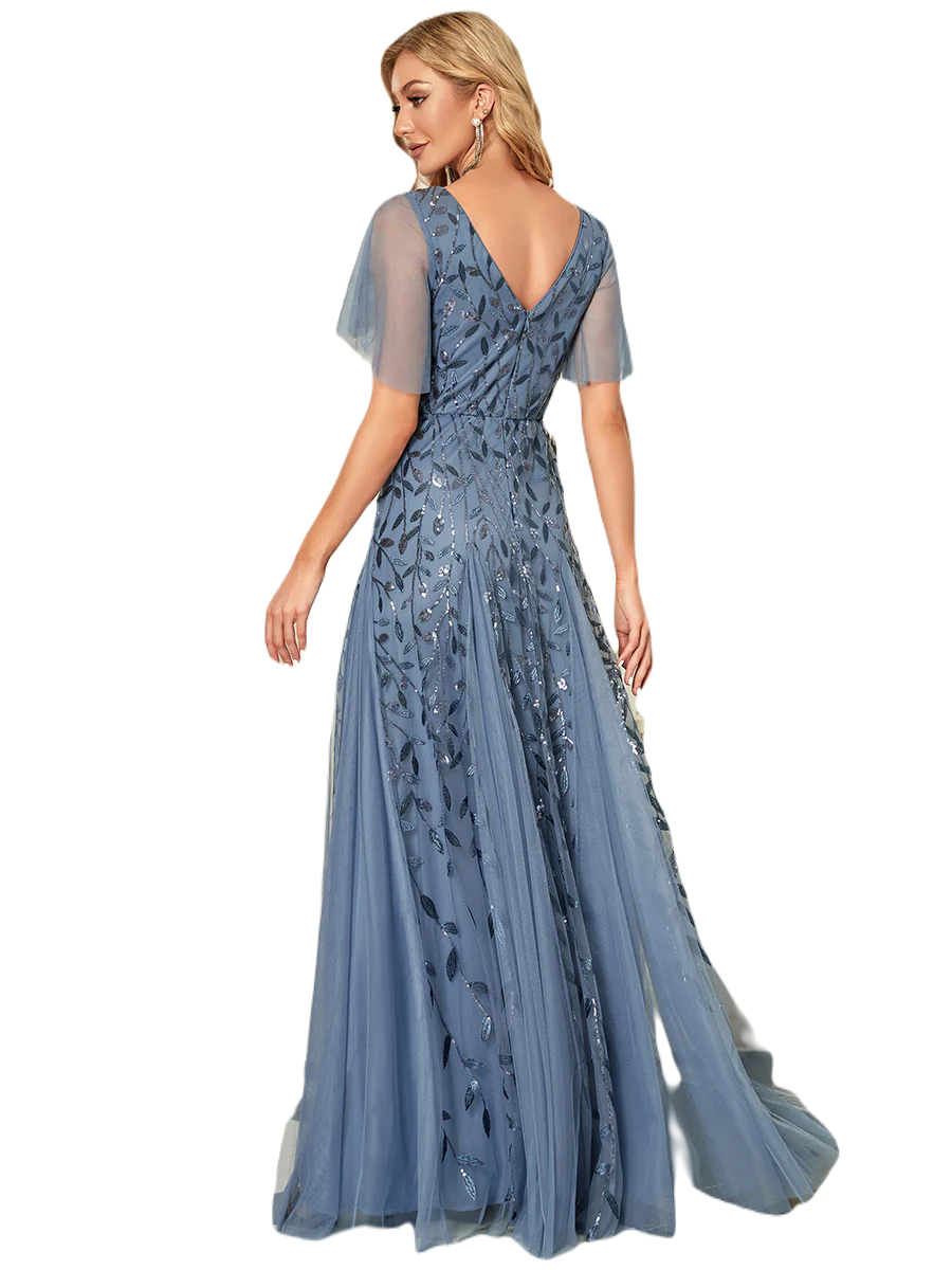 Vestido Elegante de Fiesta Largo Azul Acero para Mujer con Lentejuela Sirena Cuello V Manga Corta T Ch a Talla Extra