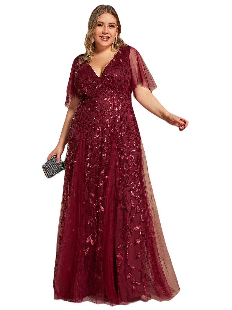 Vestido Elegante de Fiesta Largo Guinda Vino para Mujer con Lentejuela Sirena Cuello V Manga Corta T Ch a Talla Extra