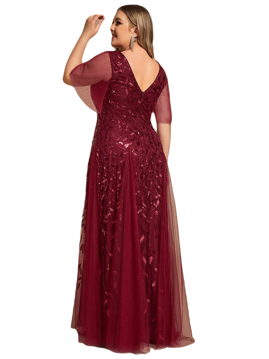 Vestido Elegante de Fiesta Largo Guinda Vino para Mujer con Lentejuela Sirena Cuello V Manga Corta T Ch a Talla Extra