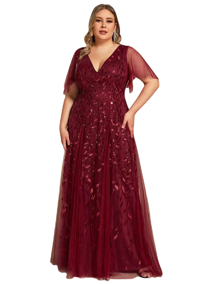 Vestido Elegante de Fiesta Largo Guinda Vino para Mujer con Lentejuela Sirena Cuello V Manga Corta T Ch a Talla Extra