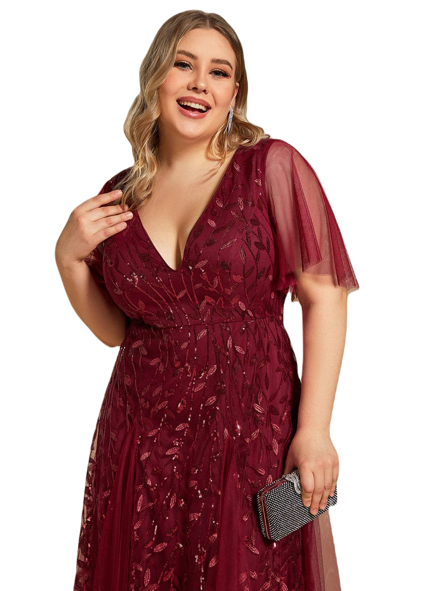 Vestido Elegante de Fiesta Largo Guinda Vino para Mujer con Lentejuela Sirena Cuello V Manga Corta T Ch a Talla Extra