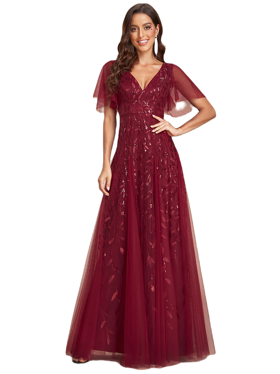 Vestido Elegante de Fiesta Largo Guinda Vino para Mujer con Lentejuela Sirena Cuello V Manga Corta T Ch a Talla Extra