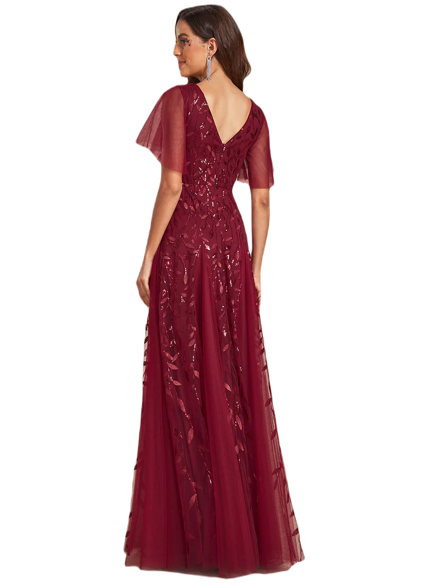 Vestido Elegante de Fiesta Largo Guinda Vino para Mujer con Lentejuela Sirena Cuello V Manga Corta T Ch a Talla Extra