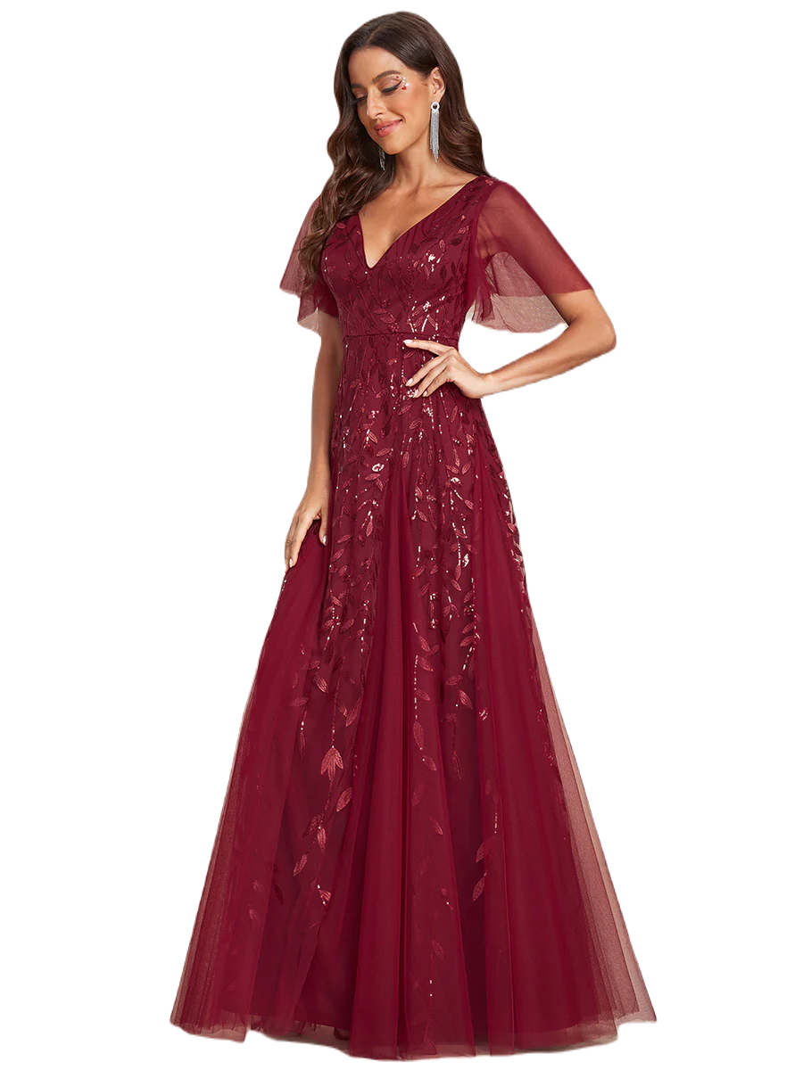 Vestido Elegante de Fiesta Largo Guinda Vino para Mujer con Lentejuela Sirena Cuello V Manga Corta T Ch a Talla Extra
