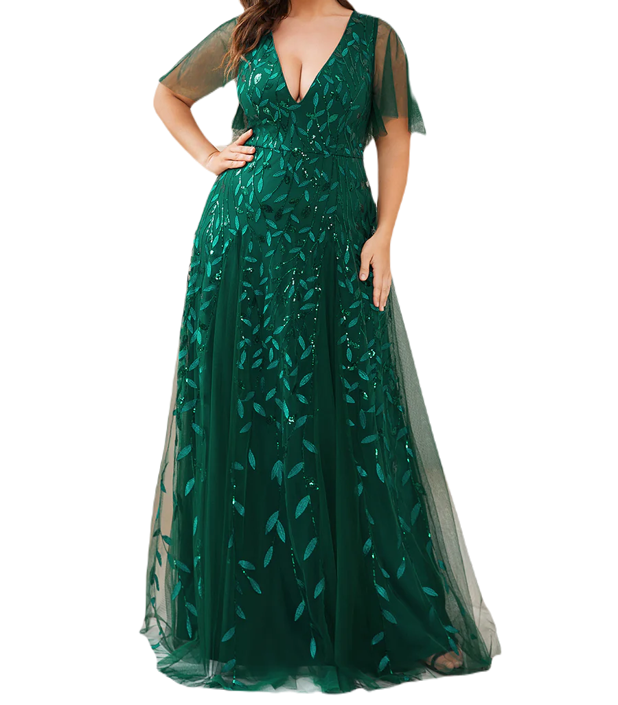 Vestido Elegante de Fiesta Largo Verde Esmeralda para Mujer con Lentejuela Sirena Cuello V Manga Corta T Ch a Talla Extra