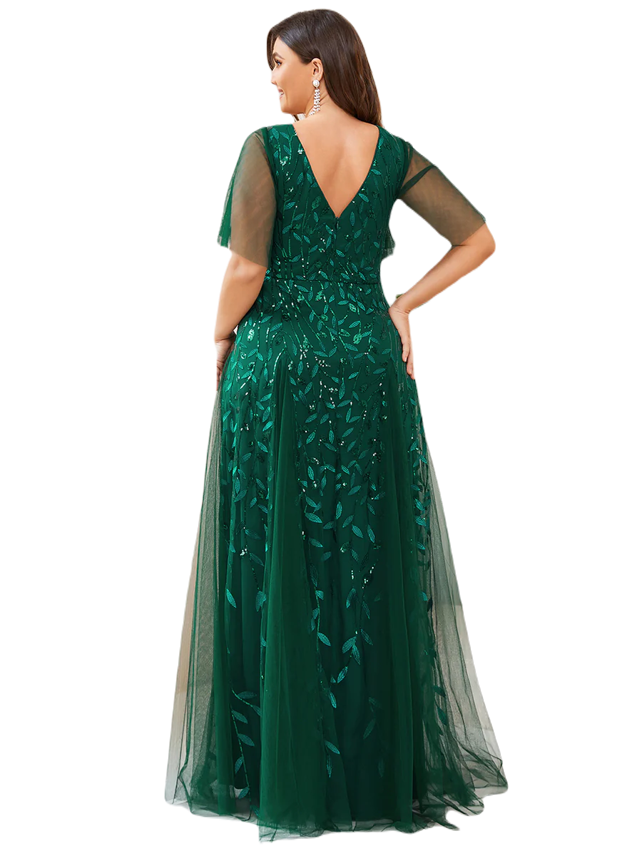 Vestido Elegante de Fiesta Largo Verde Esmeralda para Mujer con Lentejuela Sirena Cuello V Manga Corta T Ch a Talla Extra