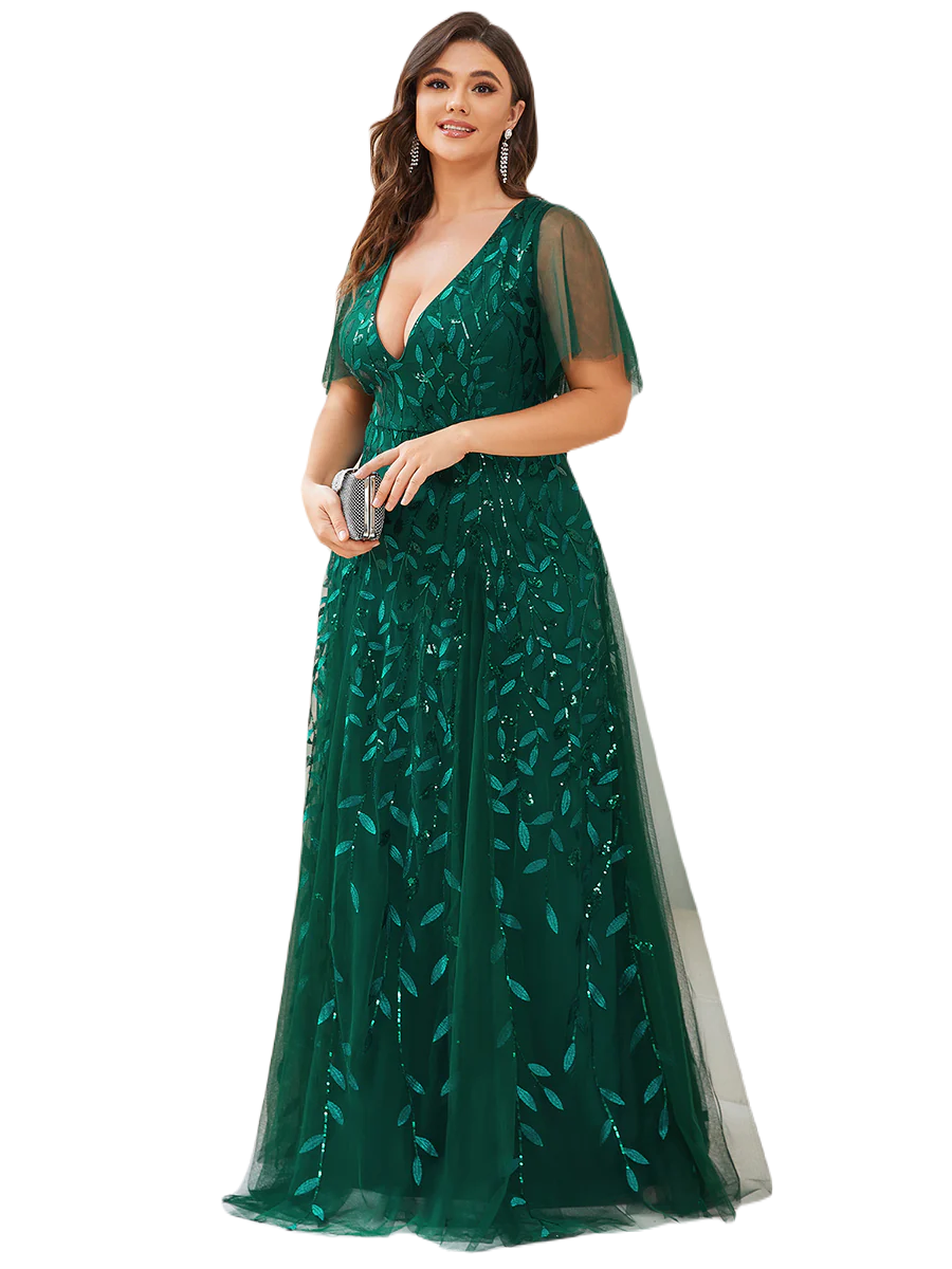 Vestido Elegante de Fiesta Largo Verde Esmeralda para Mujer con Lentejuela Sirena Cuello V Manga Corta T Ch a Talla Extra