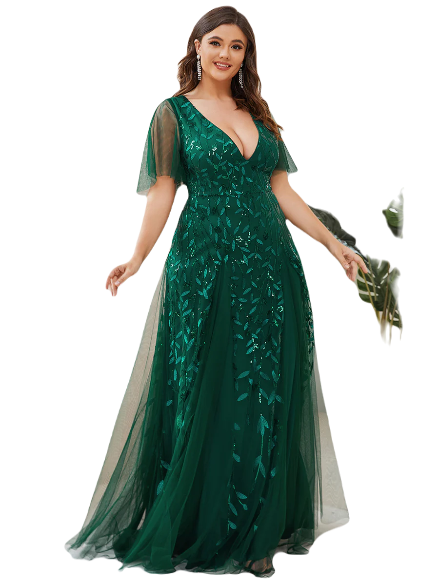 Vestido Elegante de Fiesta Largo Verde Esmeralda para Mujer con Lentejuela Sirena Cuello V Manga Corta T Ch a Talla Extra