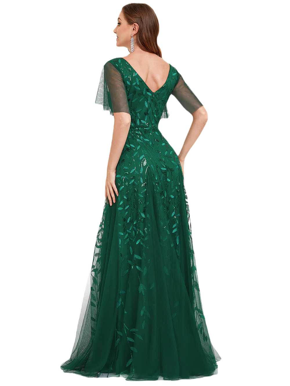 Vestido Elegante de Fiesta Largo Verde Esmeralda para Mujer con Lentejuela Sirena Cuello V Manga Corta T Ch a Talla Extra