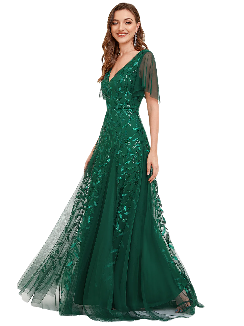 Vestido Elegante de Fiesta Largo Verde Esmeralda para Mujer con Lentejuela Sirena Cuello V Manga Corta T Ch a Talla Extra