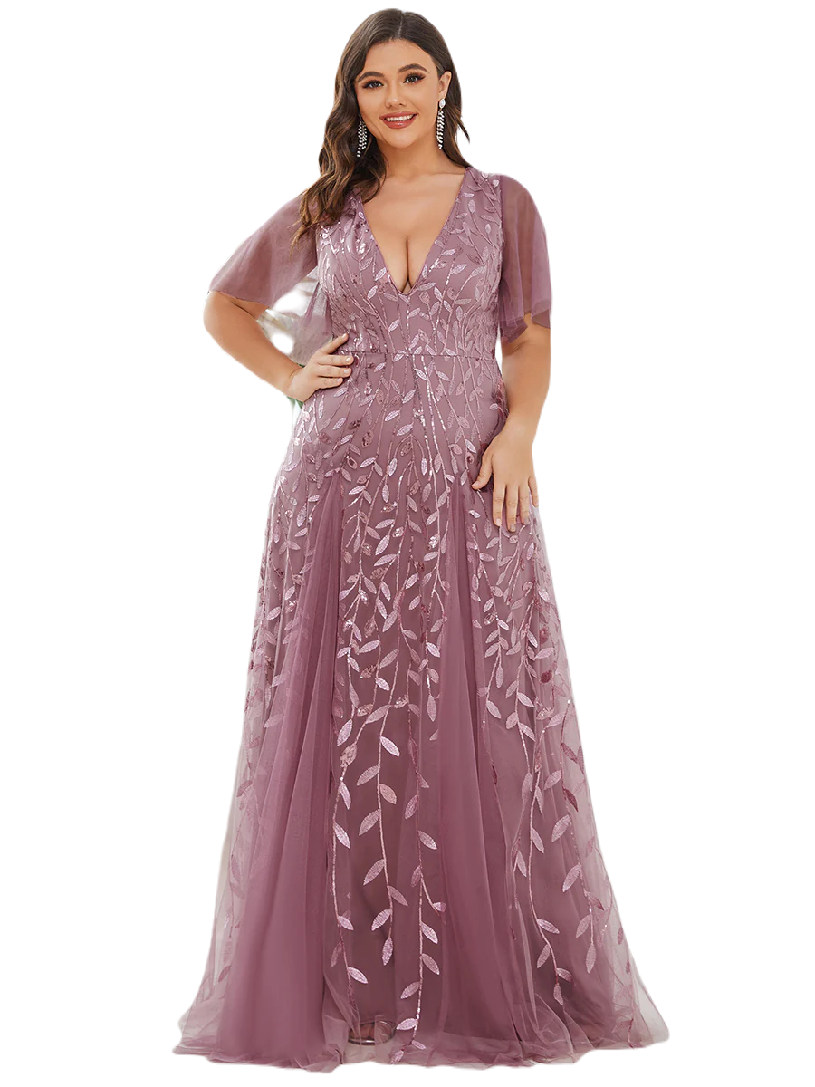 Vestido Elegante de Fiesta Largo Mauve Magenta para Mujer con Lentejuela Sirena Cuello V Manga Corta T Ch a Talla Extra