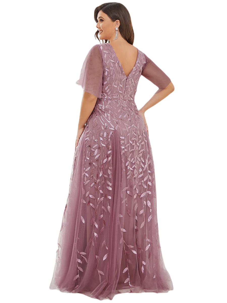 Vestido Elegante de Fiesta Largo Mauve Magenta para Mujer con Lentejuela Sirena Cuello V Manga Corta T Ch a Talla Extra