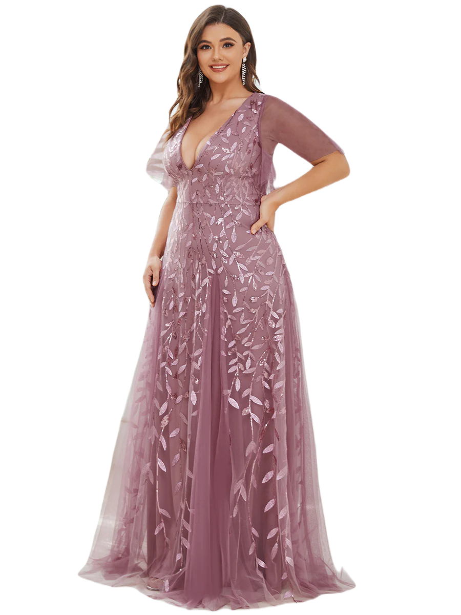 Vestido Elegante de Fiesta Largo Mauve Magenta para Mujer con Lentejuela Sirena Cuello V Manga Corta T Ch a Talla Extra