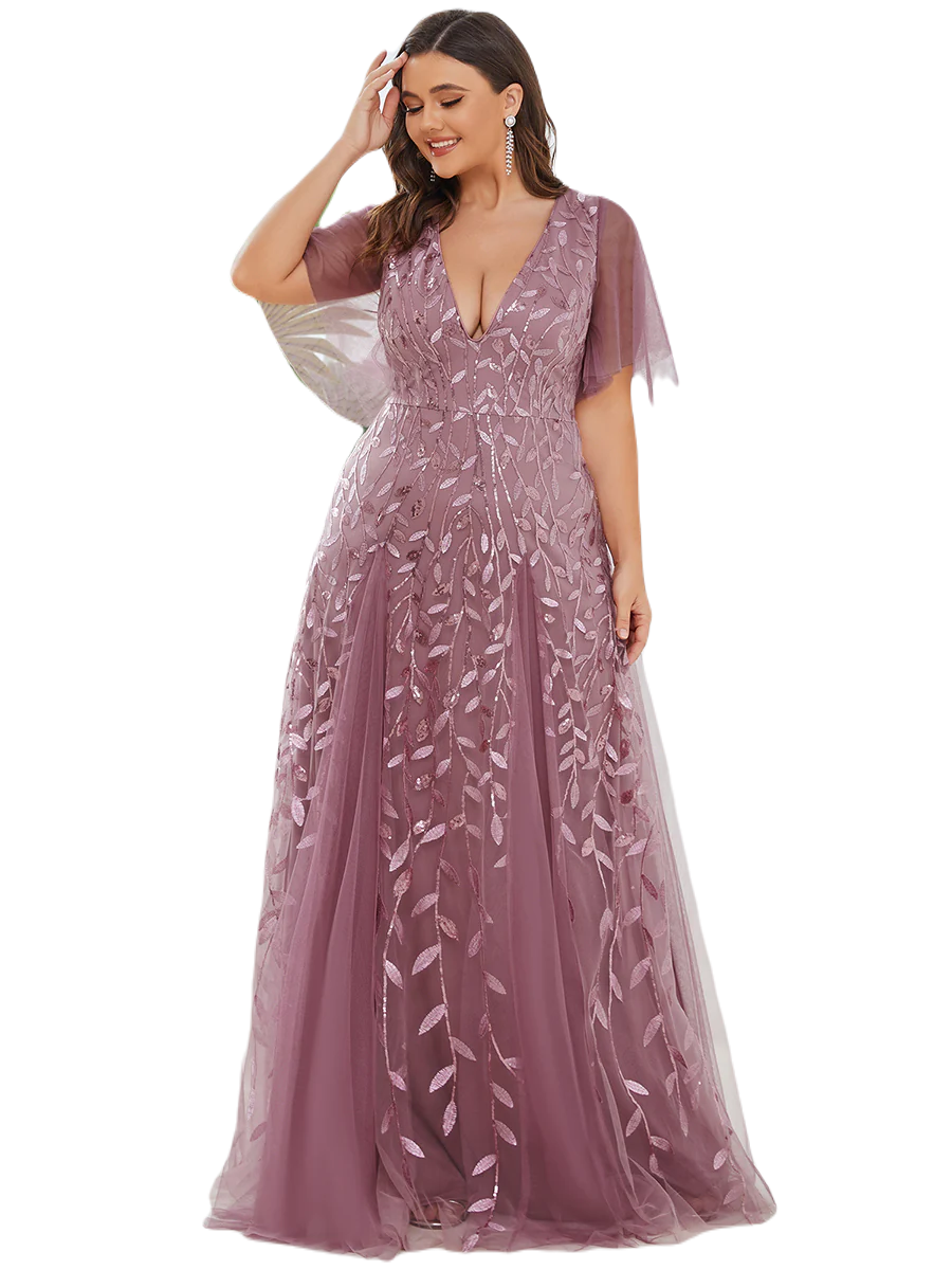 Vestido Elegante de Fiesta Largo Mauve Magenta para Mujer con Lentejuela Sirena Cuello V Manga Corta T Ch a Talla Extra