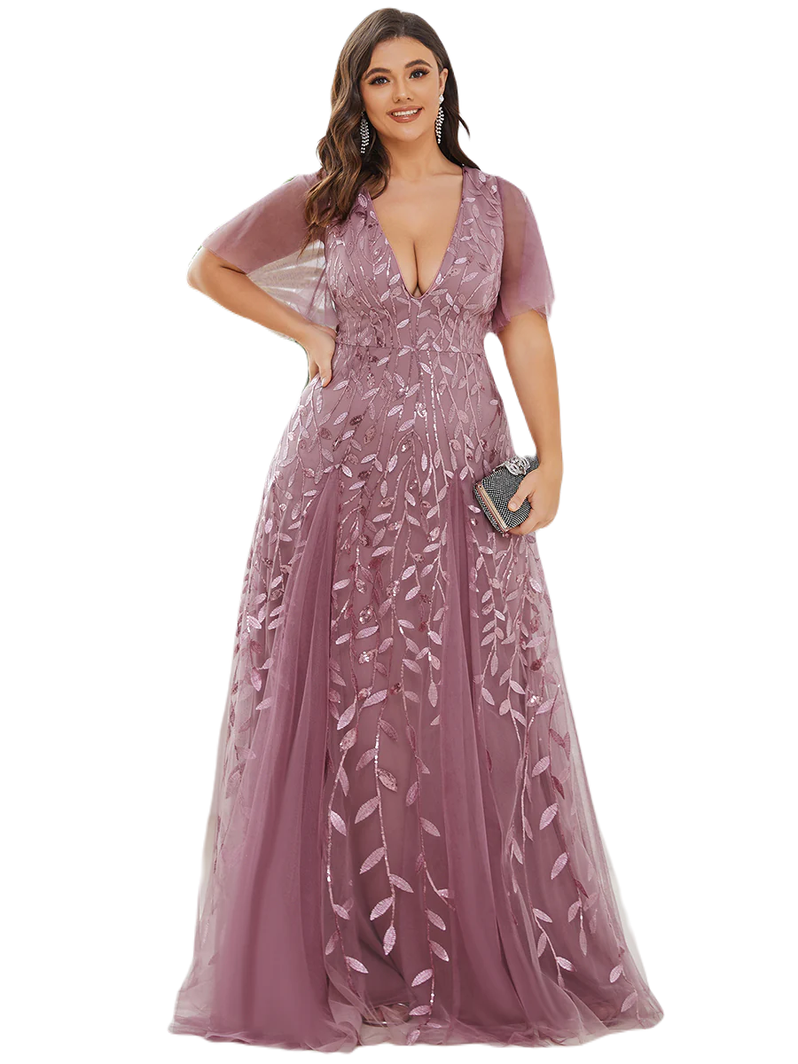 Vestido Elegante de Fiesta Largo Mauve Magenta para Mujer con Lentejuela Sirena Cuello V Manga Corta T Ch a Talla Extra