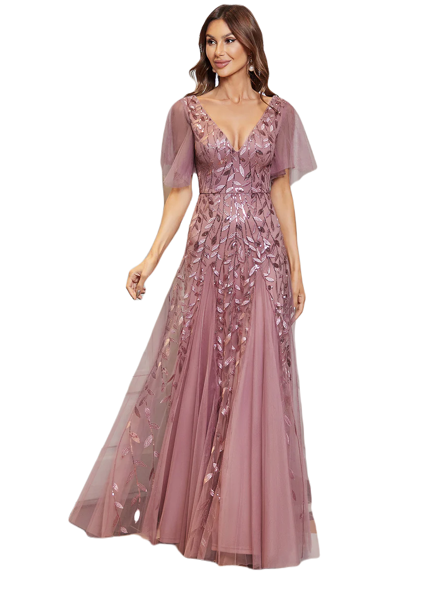 Vestido Elegante de Fiesta Largo Mauve Magenta para Mujer con Lentejuela Sirena Cuello V Manga Corta T Ch a Talla Extra