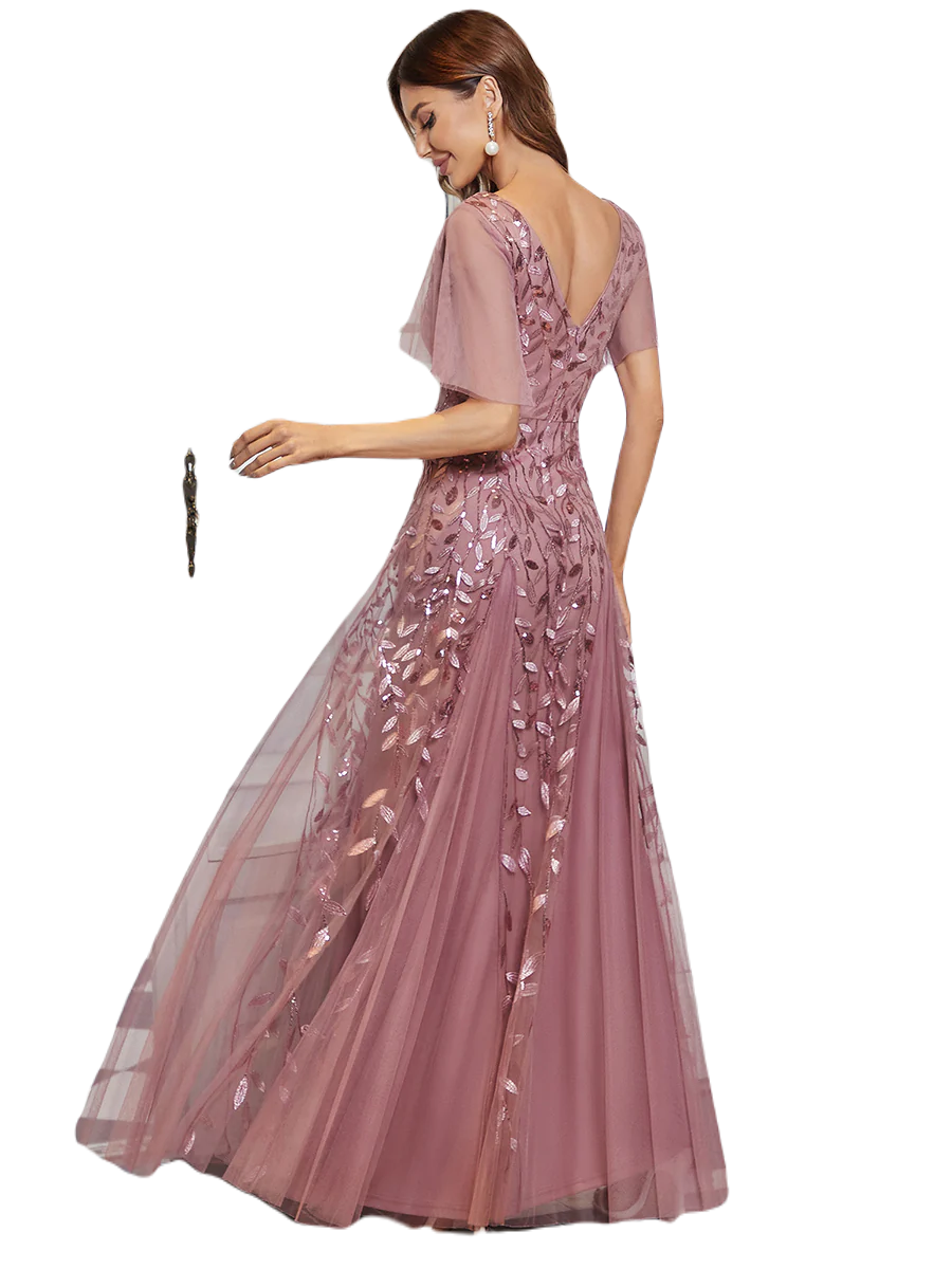 Vestido Elegante de Fiesta Largo Mauve Magenta para Mujer con Lentejuela Sirena Cuello V Manga Corta T Ch a Talla Extra