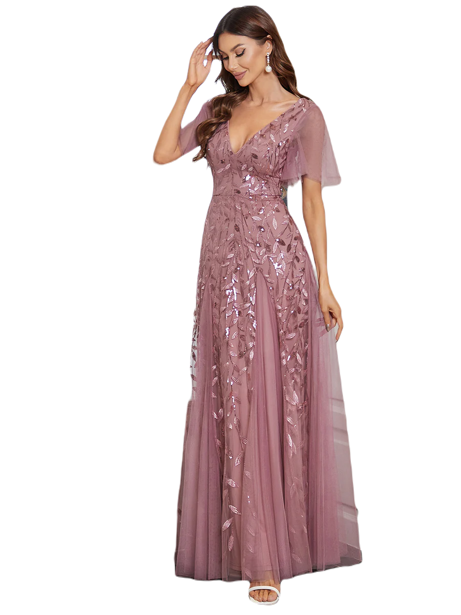 Vestido Elegante de Fiesta Largo Mauve Magenta para Mujer con Lentejuela Sirena Cuello V Manga Corta T Ch a Talla Extra