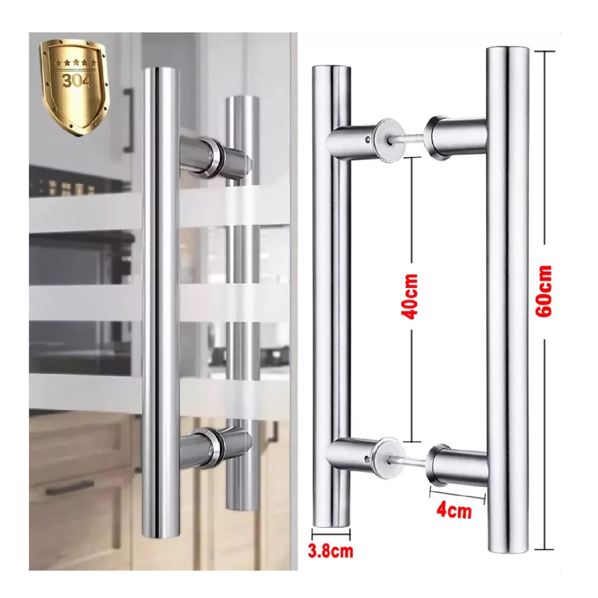 Jaladera Acero Inoxidable Tipo H Puerta Cristal,60cm, Satín Plata