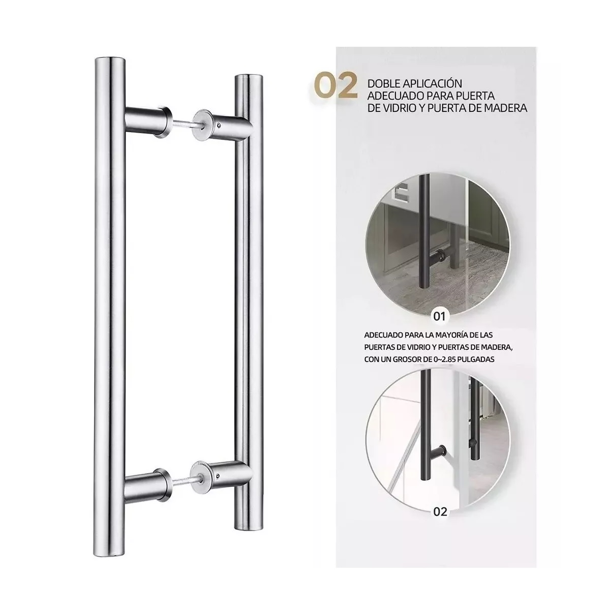 Jaladera Acero Inoxidable Tipo H Puerta Cristal,60cm, Satín Plata