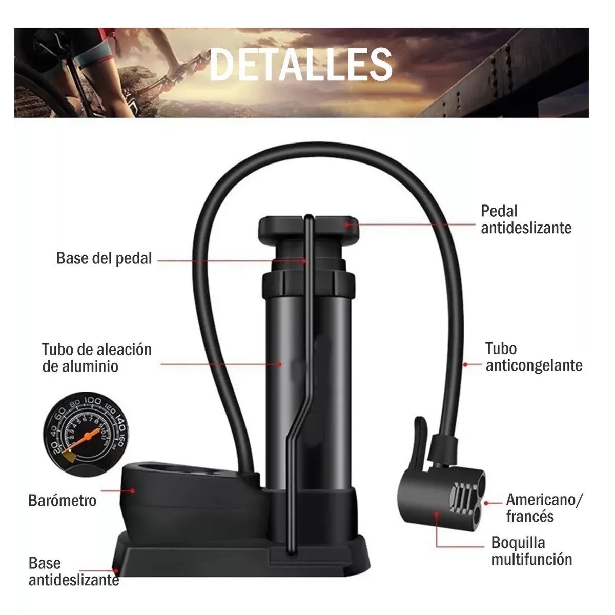 Mini Bomba De Pie Para Bicicleta Portátil Con Manómetro