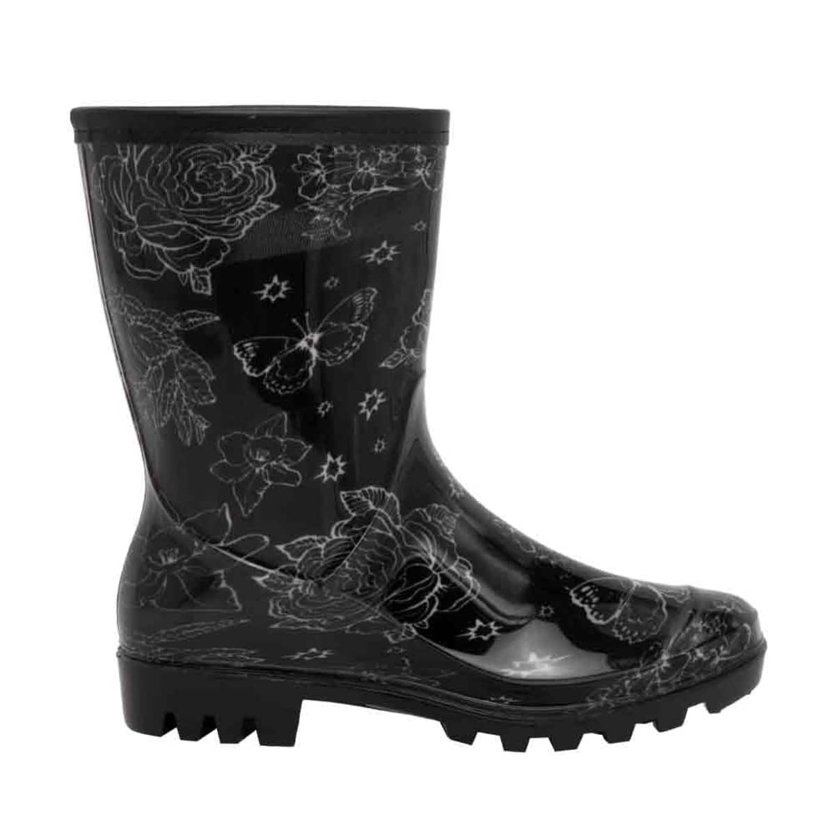 Botas de lluvia negras para mujer, con estampado de flores y