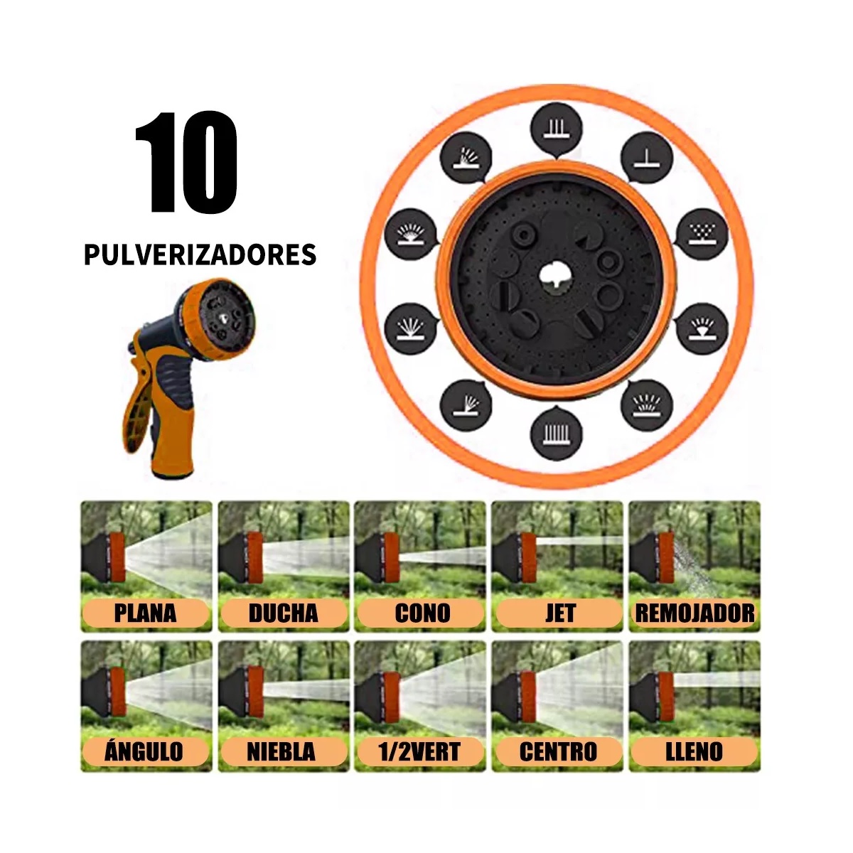 Manguera De Riego Azul Extensible De 10 Modos Y 15 Metros Naranja