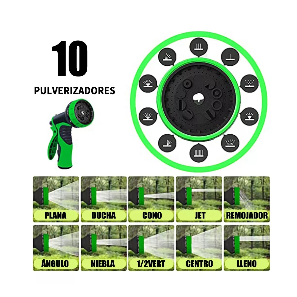 Manguera De Riegol Extensible De 10 Modos Y 15 Metros Verde