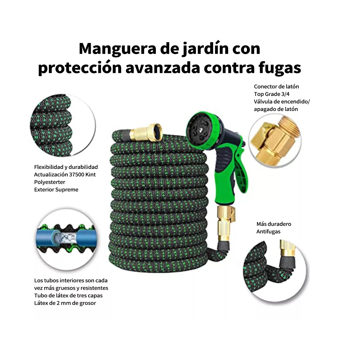Manguera De Riegol Extensible De 10 Modos Y 15 Metros Verde