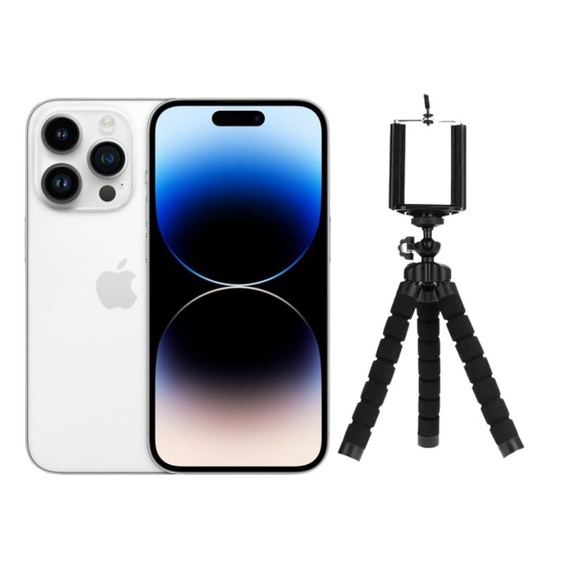 iPhone 14 Pro Max 128GB Plata E-SIM Reacondicionado Grado A + Trípode