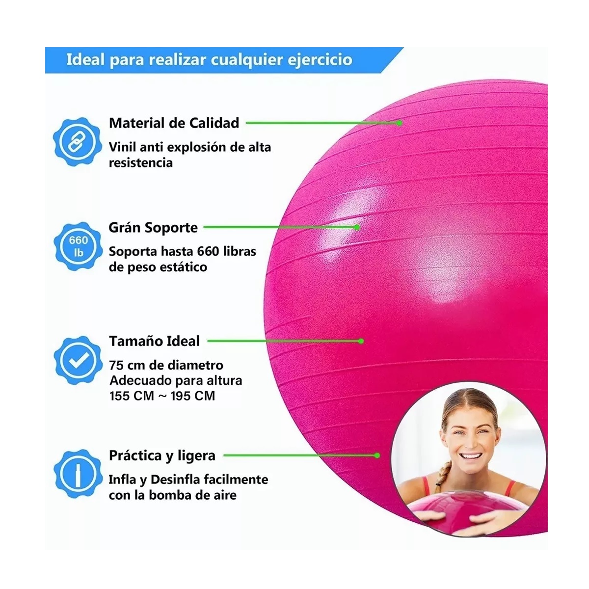 Pelota Fitness De Yoga Acondicionamiento 75 Cm Con Bomba Rosa