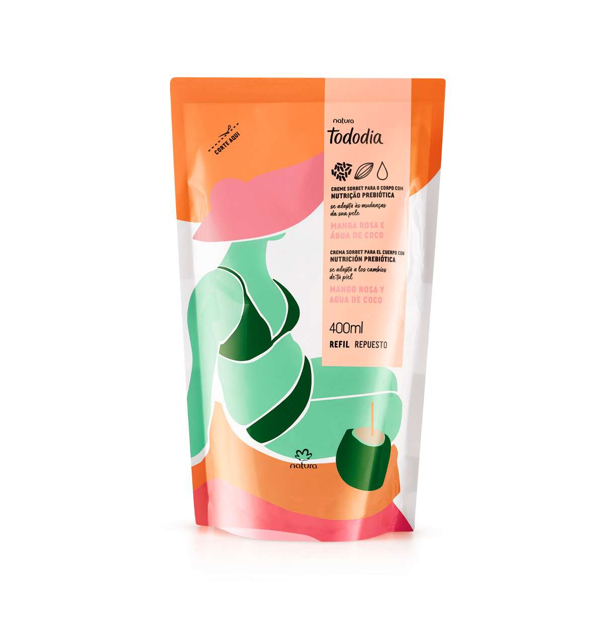 Repuesto Crema para el Cuerpo Mango Rosa y Agua de Coco Tododia Natura 400ml 