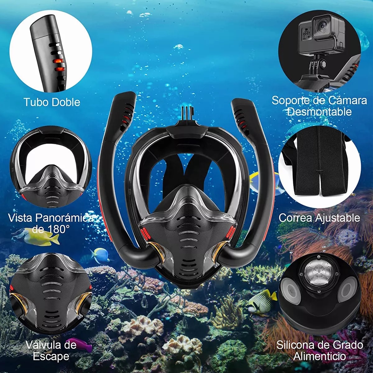 Máscara Snorkel De Buceo De Cara Completa Doble Tubo Negro