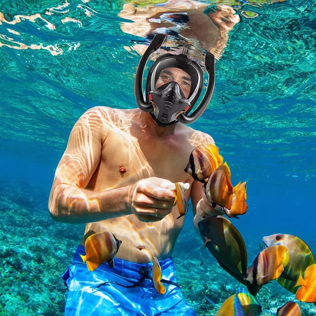 Máscara Snorkel De Buceo De Cara Completa Doble Tubo Negro