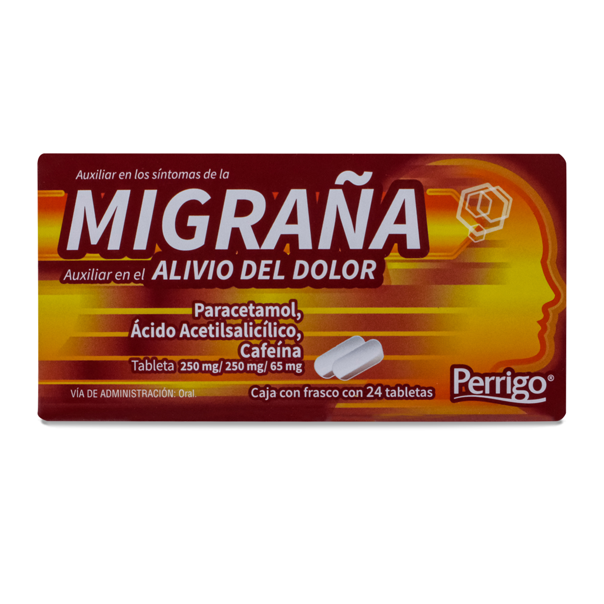 MIGRAÑA, PARACETAMOL, ACIDO ACETILSALICILICO, CAFEINA, FRASCO CON 24 TABS, PERRIGO