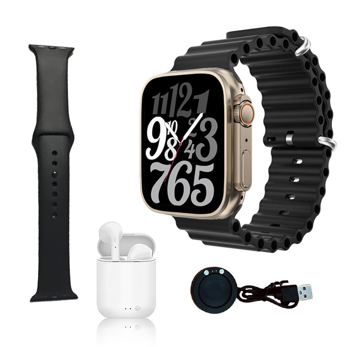 Combo Smartwatch I8 Ultra 2 correas + audifonos y carga inalámbrica Negro