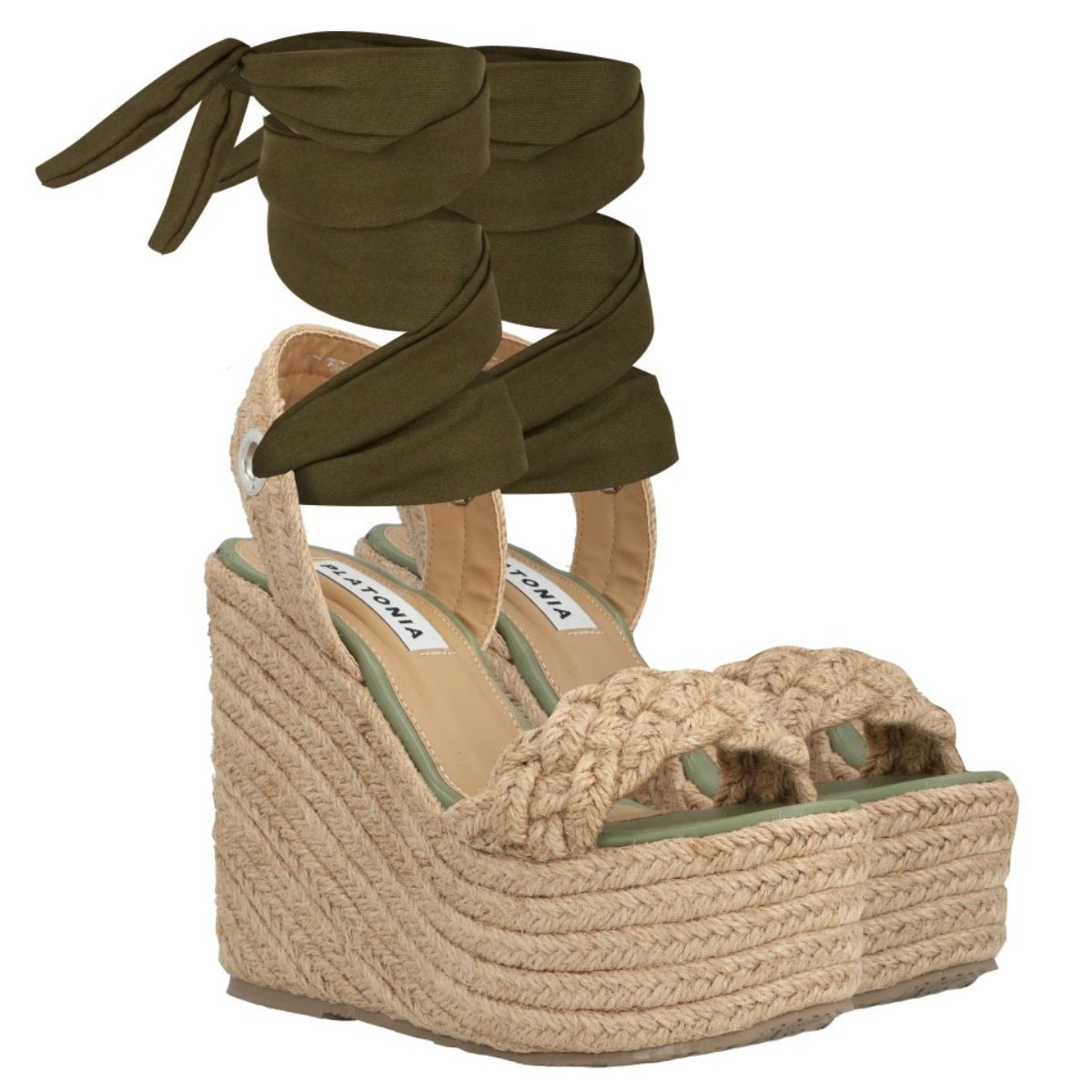 Apargata De Plataforma Con Yute Mirella Lona Premium Verde Olivo Para Mujer.