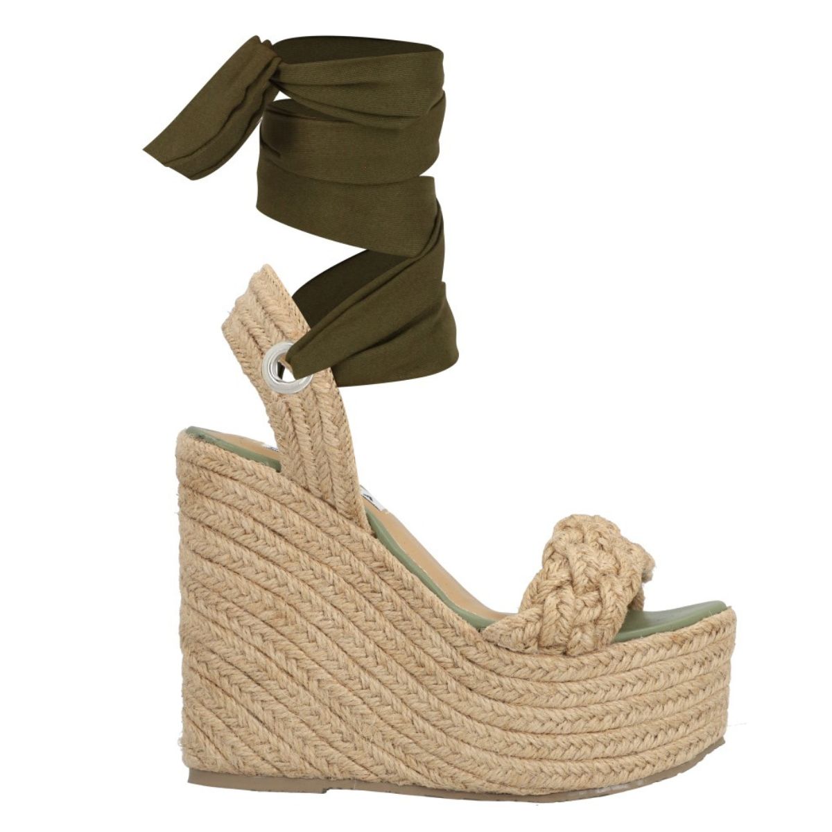 Apargata De Plataforma Con Yute Mirella Lona Premium Verde Olivo Para Mujer.